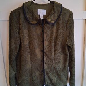 Vintage Olive Jacquard Blouse – Vue Point by Jordana – Size M – Peter Pan Collar